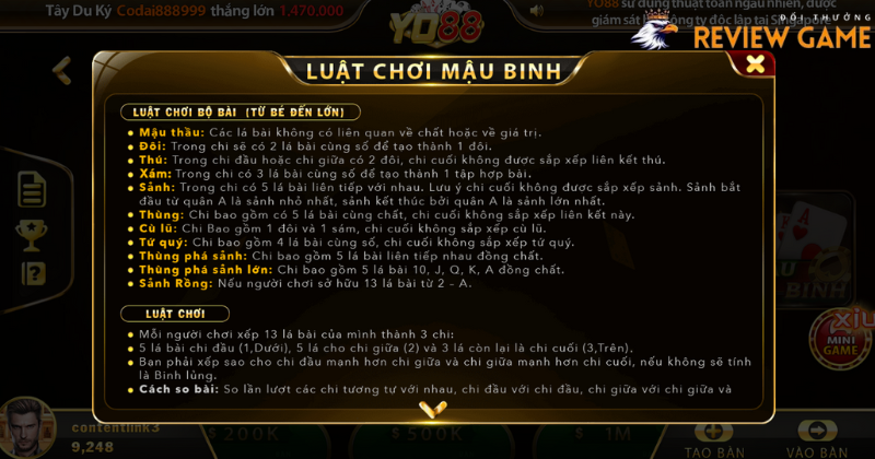 Luật chơi Mậu Binh Yo88